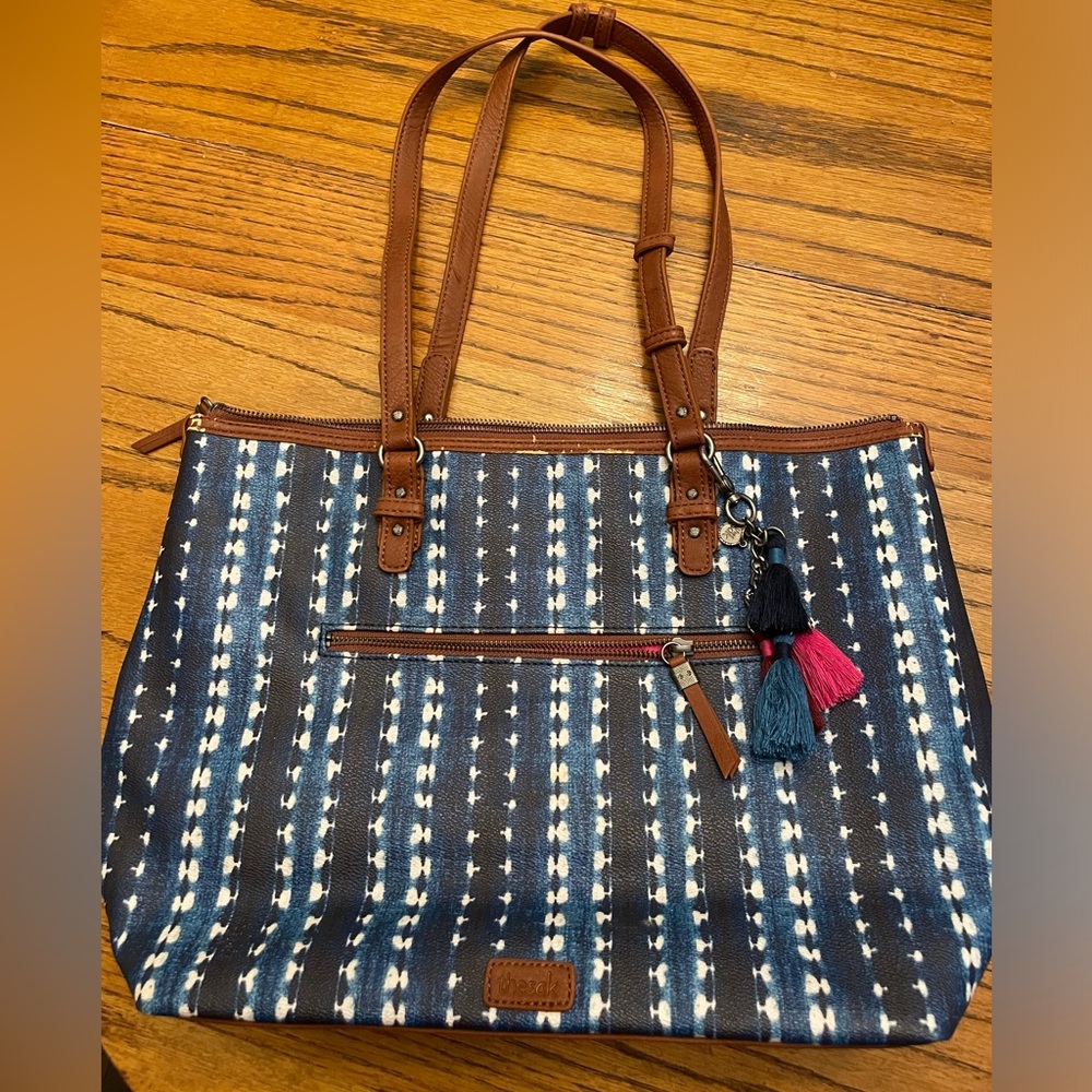 The Sak Happy and Free Blue Shibori Print Brown Top vegan Leather bag